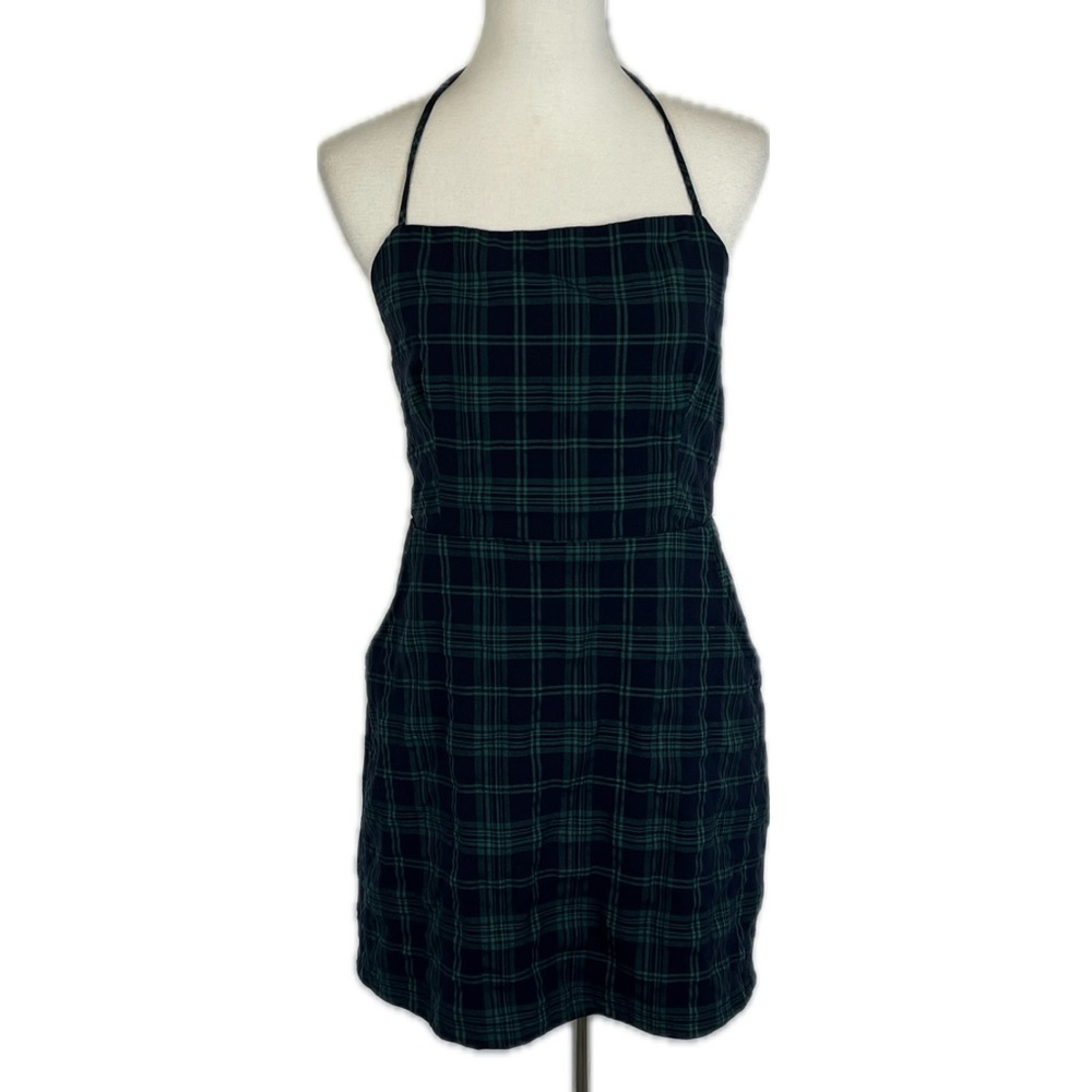 Lulu's Sweetest Memory Navy Plaid Lace-Up Mini Dress Sz L Backless Preppy Indie